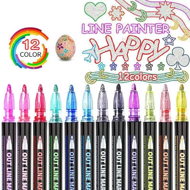 8/12/20x Double Line Self-outline Marker Pen Glitter Gel Sparkle