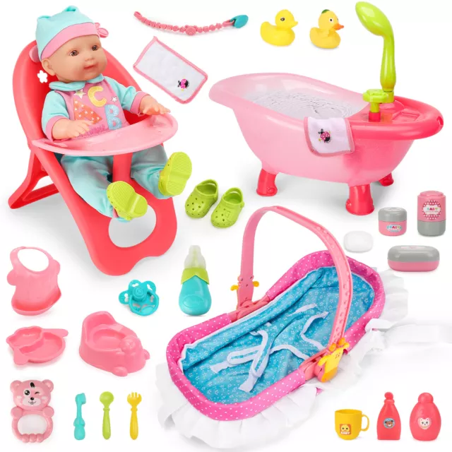 Pretend Play Baby Dolls Feeding PlaySet High Chair Bath Crib Toys for 3+ Girls