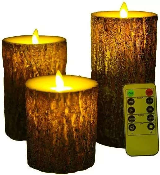 3 Pcs Flameless Birch LED Candles Moving Luminara Real Wax Battery Remote Timer