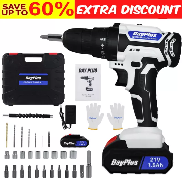 21V Cordless Drill Electric Screwdriver Power Driver Combi Drill Kit 1/2 Battery