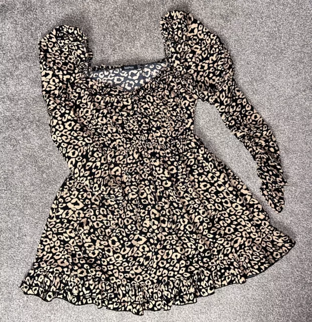 Bnwt Boohoo Black Tan Leopard Print Ruched Bodice Skater Dress Size 8 Rrp £25