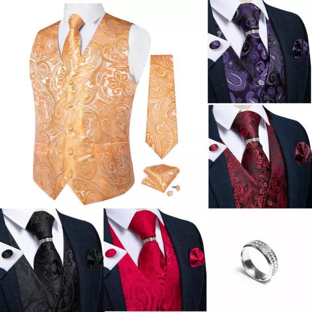 Mens Waistcoat Black Paisley Floral Silk Vest Suit Tie Set Gilet With Silver Gol