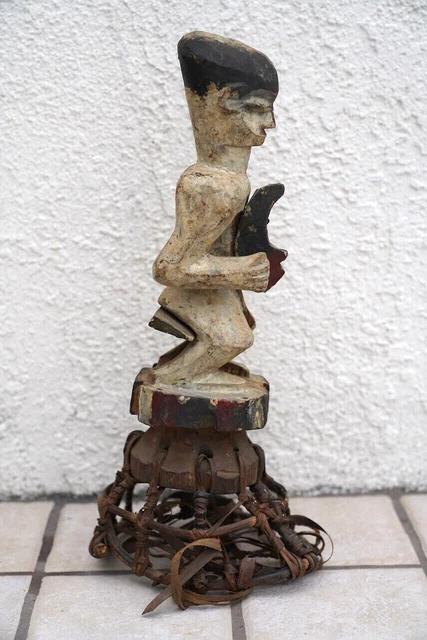 Vintage African Art Wooden Figure Sculpture Painted Surface and Reed Headdress