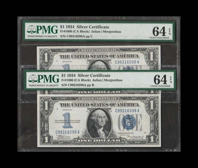 2 Consecutive 1934 $1Silver Certificates Funnybacks Pmg Choice Unc 64 Epq