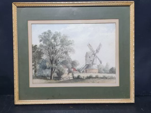 late 19th century watercolor of windmill framed ready to hand