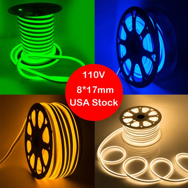 110V Outdoor LED Neon Rope Light Strip Flex Waterproof Party Home Bar Decor 50ft