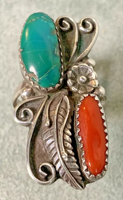 Old Pawn Ring Turquoise Coral Leaf Tendril Sterling Size 6 Multi Vintage Navajo