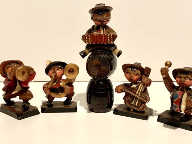 Vintage Carved Wood Band Members Musicians Nodder Anri Type Set of 5 Unmarked