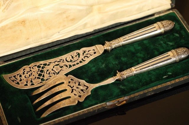 Antique French Sterling Silver Fish Server Serving Set W/Box Carving Fork Knife