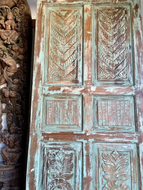 Rustic Farmhouse Barn Door, Rustic Carved Green Door Panel, Handcarved Barn Door 3