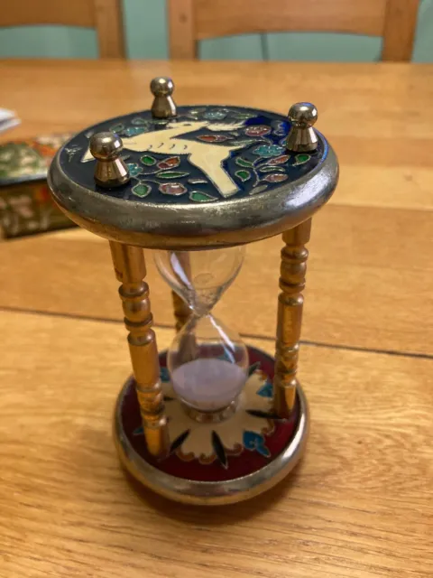 Unusual Vintage Brass Sand Timer With Interesting Coloured Decoration