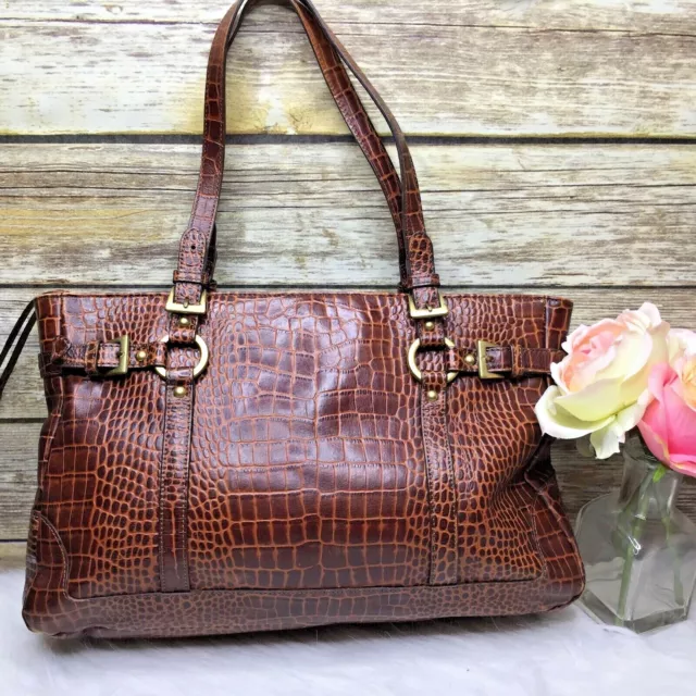 Prague Brown Croc Embossed Leather Buckle Accent Purse Shoulder Bag Tote