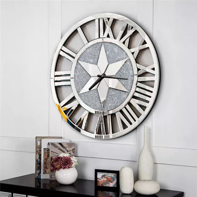 3D Large Mirrored Wall Clock Diamond Crystal Roman Numerals Silver Wall Clock UK