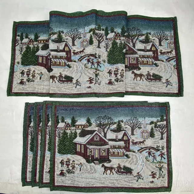 Tapestry Table Runner Set 4 Placemats Winter  Village Holiday Scene Horse Sleigh