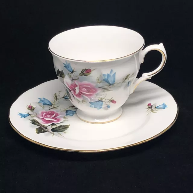 Ridgway Potteries Footed Queen Anne Tea Cup Saucer Mug Pink Roses Blue Flowers