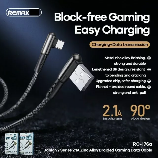 Type-C Cable Remax Gaming 90° USB Fast Charging Snyc for Samsung Google Huawei