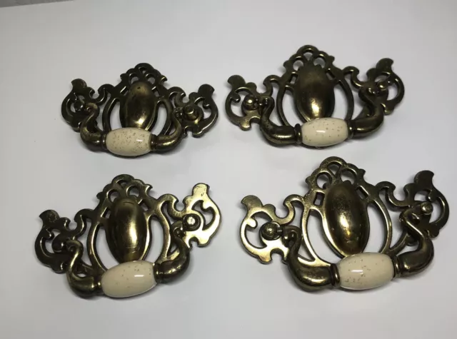 4 Antique Brass Porcelain 4.5” Long Drawer Pulls Swing Handle Batwing Style