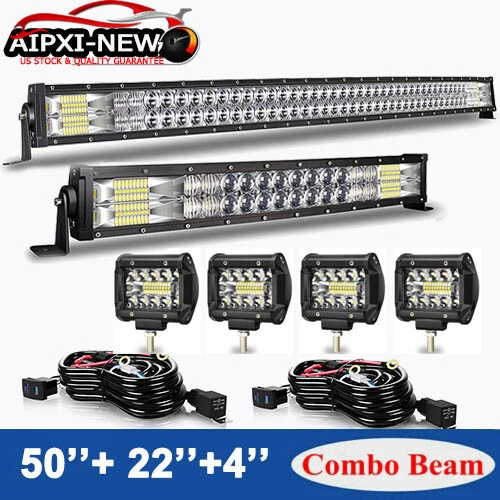 50inch 288W Curved LED Light Bar +22''+4'' Pods Offroad Fits Jeep Truck SUV 4X4