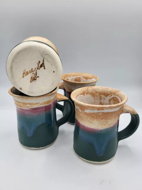 Set of 4 Drip Glaze Pottery Mugs Signed