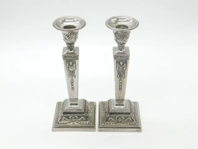 Pair of Mid-Century Silver Plated Georgian Style Candlesticks Bow & Ram's Head