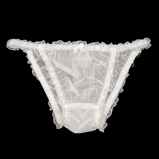 Ivory Sissy Sheer Soft Nylon Frilly Tanga Bikini Panties Knickers Size 10-20