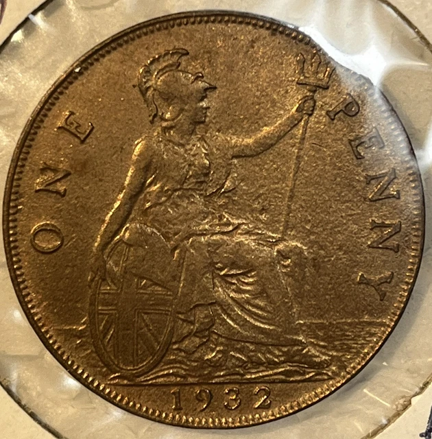 Great Britain 1932 One 1 Penny Almost Uncirculated AU Condition Coin KM# 838