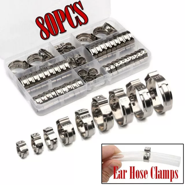 80Pcs Single Ear Hose Clamp Stainless Steel O Clip Crimp Air Water Fuel Pipe