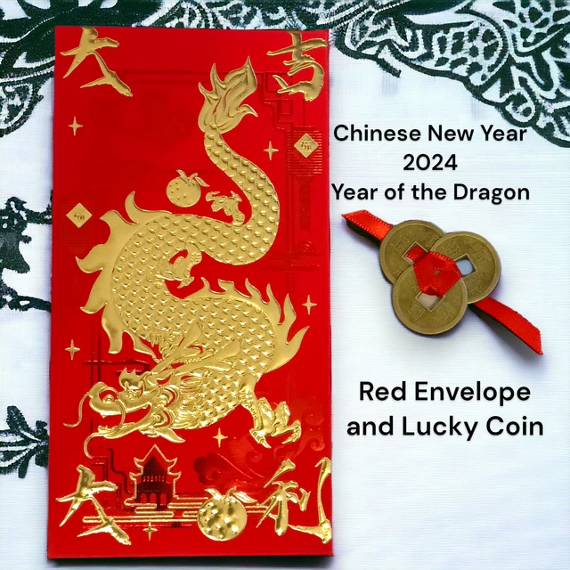 CHINESE NEW LUNAR Year 2024 Year of Dragon Red Envelope & Lucky Coins