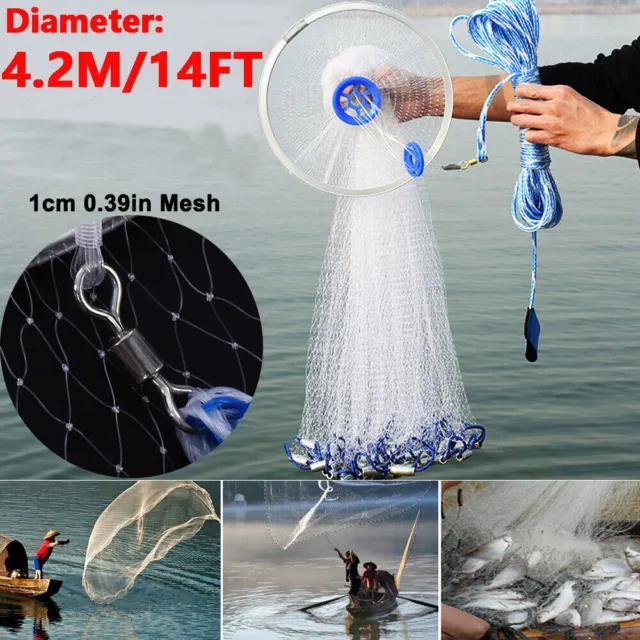 14ft Fishing Cast Net Bait Easy Throw Hand Cast Strong Tire Trap Mesh Line Home