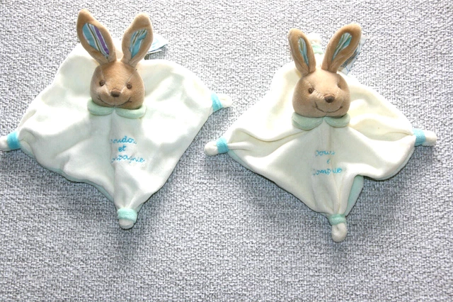 Doudou Et Compagnie 2 Doudou Lapin Plat Mini Acidule Blanc Ecru Vert Bleu Kom9