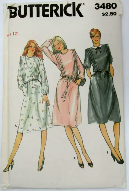 Butterick sewing pattern 3480 size 12 misses dress loose fitting pleated vintage