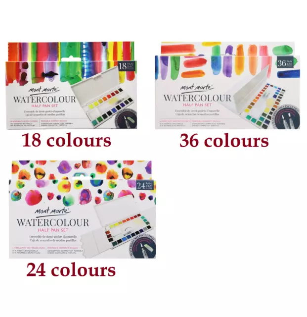 AU 18/24/36 colour Watercolour Paint Half Pan Set w/ brush Mont Marte Portable