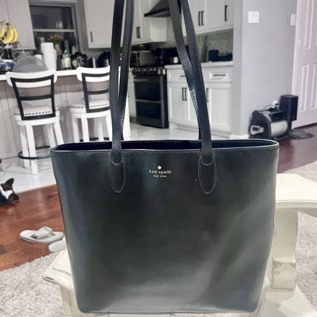 Kate Spade Large Black Smooth Leather Tote Bag Carry All W/ Logo Zip Top VGUC!