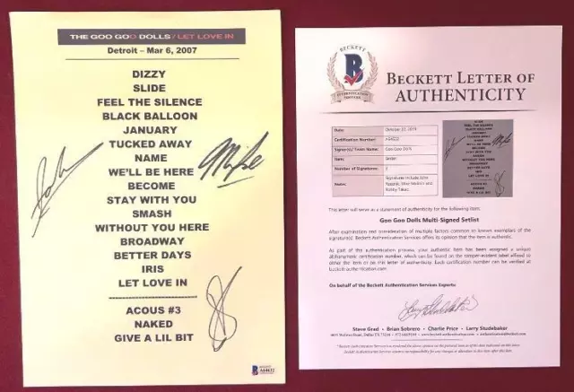 2007 Goo Goo Dolls Multi Signed Setlist "Let Love In Tour" ~ Beckett Coa Loa