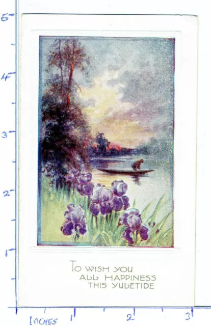 Christmas Card New Year C1930 Greetings Vintage River Iris