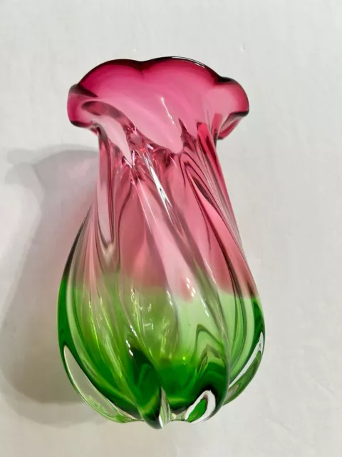 Vintage Teleflora Pink Green Hand Blown Glass Vase Watermelon Swirl Ruffle Edge