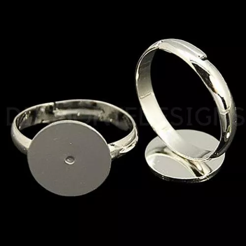 10 anillos ajustables enchapados en plata en blanco 8 mm almohadilla plana pegamento joyería A210