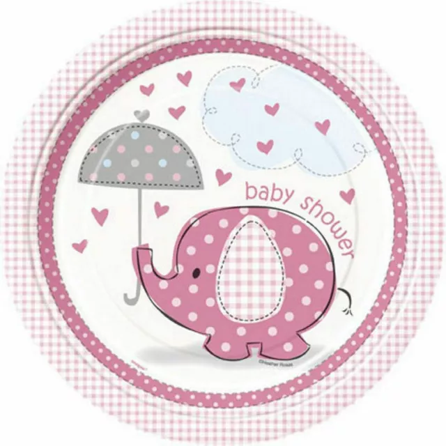 Umbrella Elephant Pink Girl Baby Shower 8 9" Dinner Lunch Plates