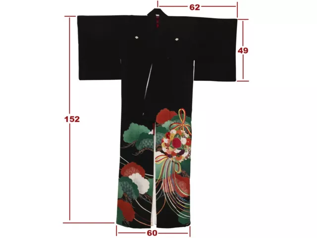 Vintage Formal Black Silk Montsuki Tomesode & Fukuro-Obi Set: ’Kusudama'