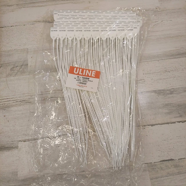 100 Uline Plastic Security Tag Pull Seals Tug Tight Drum 18" Serial White H-1345