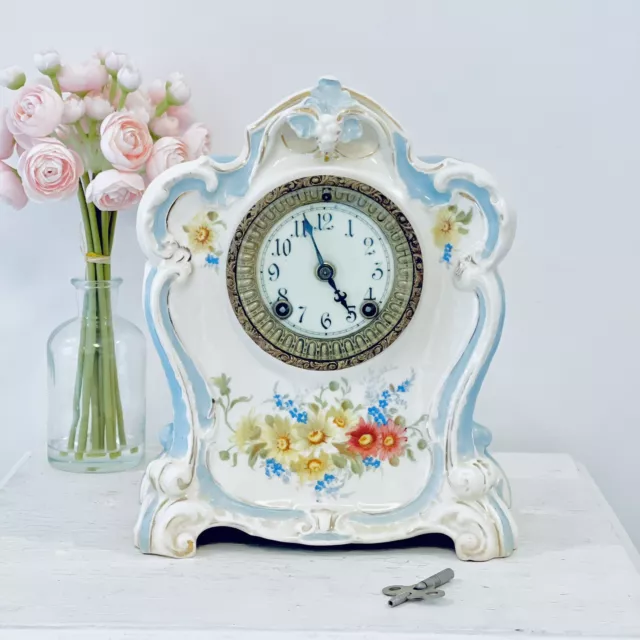 Pristine Ansonia Royal Bonn Mantel Clock La Mure Porcelain Housing With Key Vtg