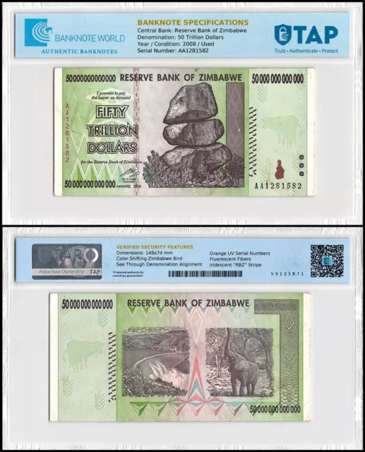 Zimbabwe 50 Trillion Dollars, 2008, AA, P-90, Used, Authenticated