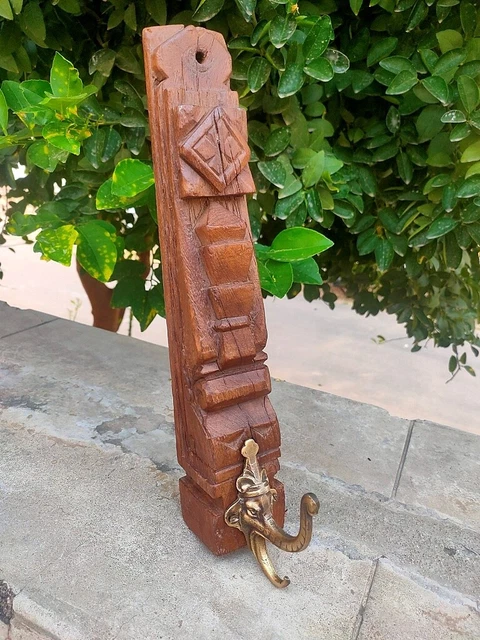 Old Wooden Brass Hook Hand Crafted Floral Brass Ganesha Hanger Wall Hanging Hook