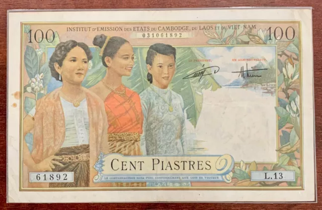 [45361]  French Indochina 100 piastres 1954 3 cô gái VF