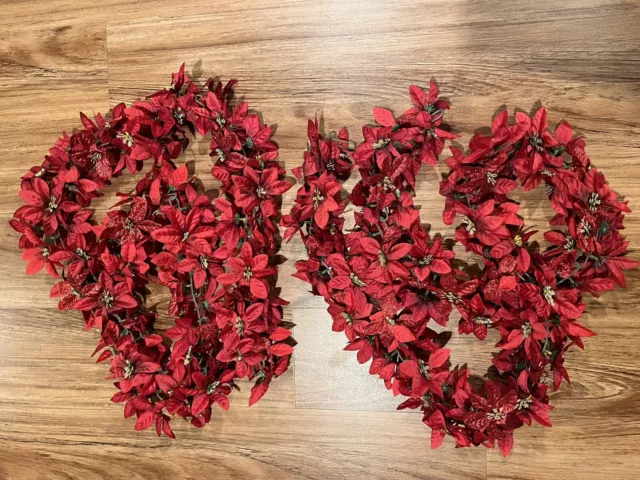 Vintage Poinsettia Red Glitter Garland Christmas Tree Mantle 2 - 5' Strands