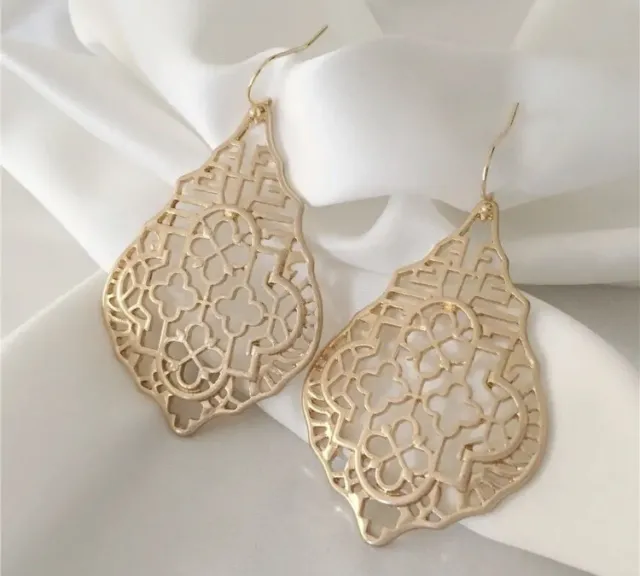 large 14k gold plated filigree teardrop dangle statement earrings