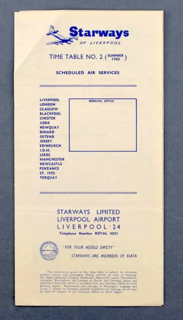 Starways Of Liverpool Airline Timetable Summer 1963 No.2