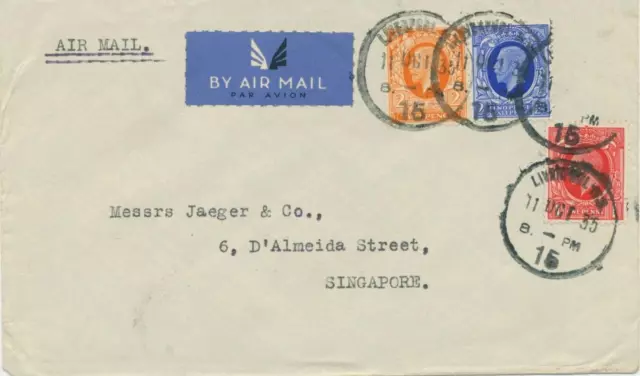 GB AIRMAIL to SINGAPORE 1935 George V 6d mixed postage - very early airmail