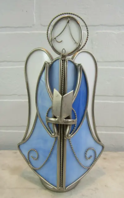 Stained Glass Angel Choir Singing  Votive Candle Holder Tea Light Blue And White