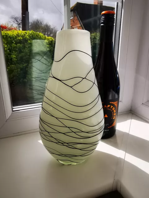 Large Contemporary Murano Style White & Black Thread overlay Art Glass Vase.